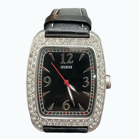 GUESS BLACK TANK WATCH w RECTANGLE FACE & PAVE CRYSTAL BEZEL & LEATHER STRAP main image 6